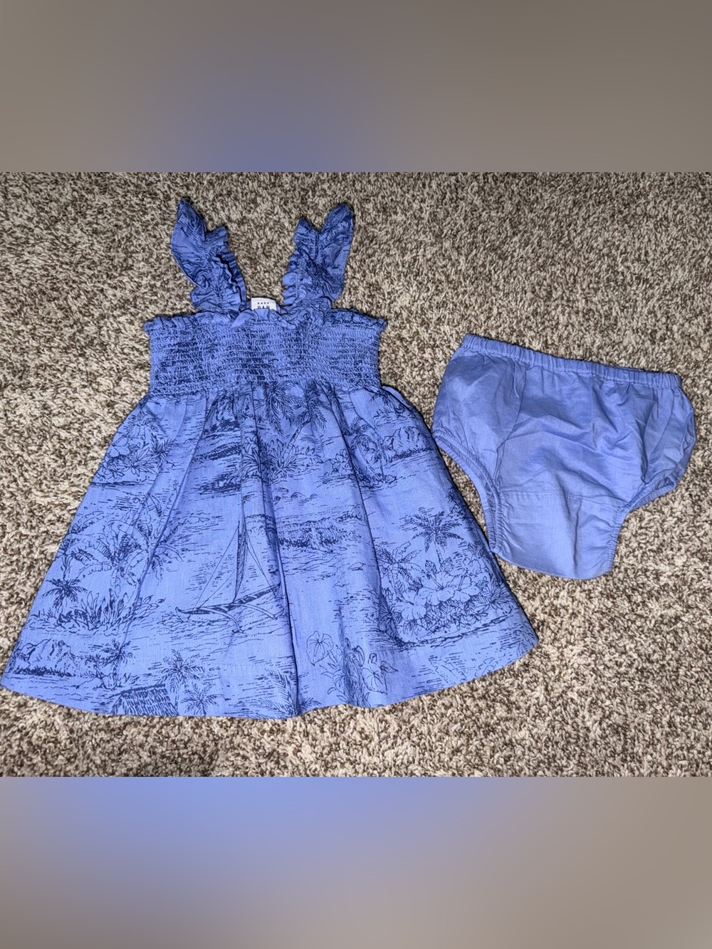 Baby Gap Blue June Toile Linen Sundress/bloomers Smocked Top 12-18M Beach Pebble